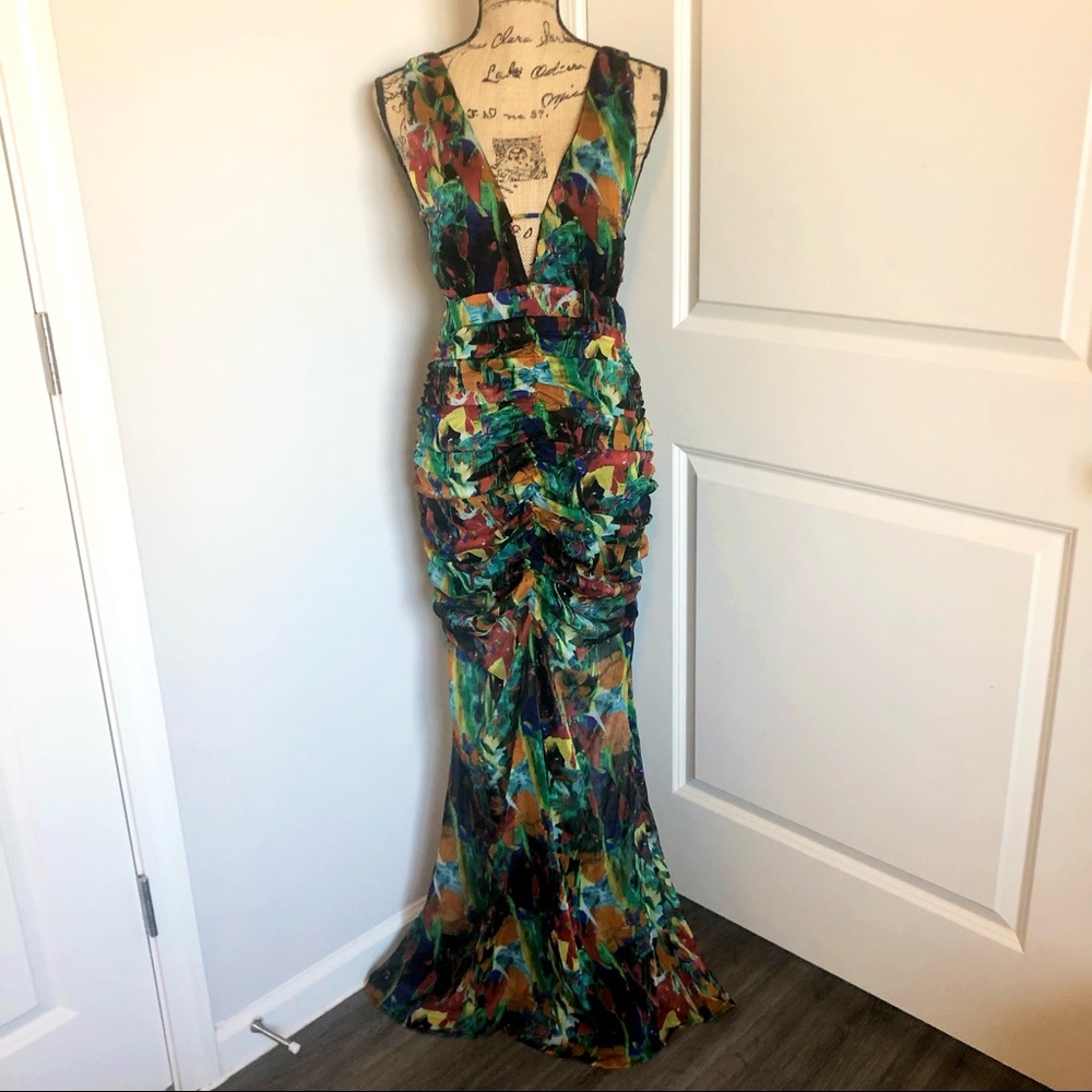 NWOT✨Colorful Semi Sheer Cut Out Plunging Ruched Maxi Sundress
